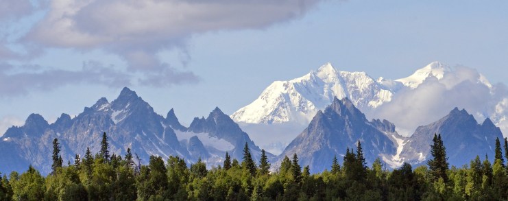 Snowy Alaskan mountains with evergreen trees in the forefront.